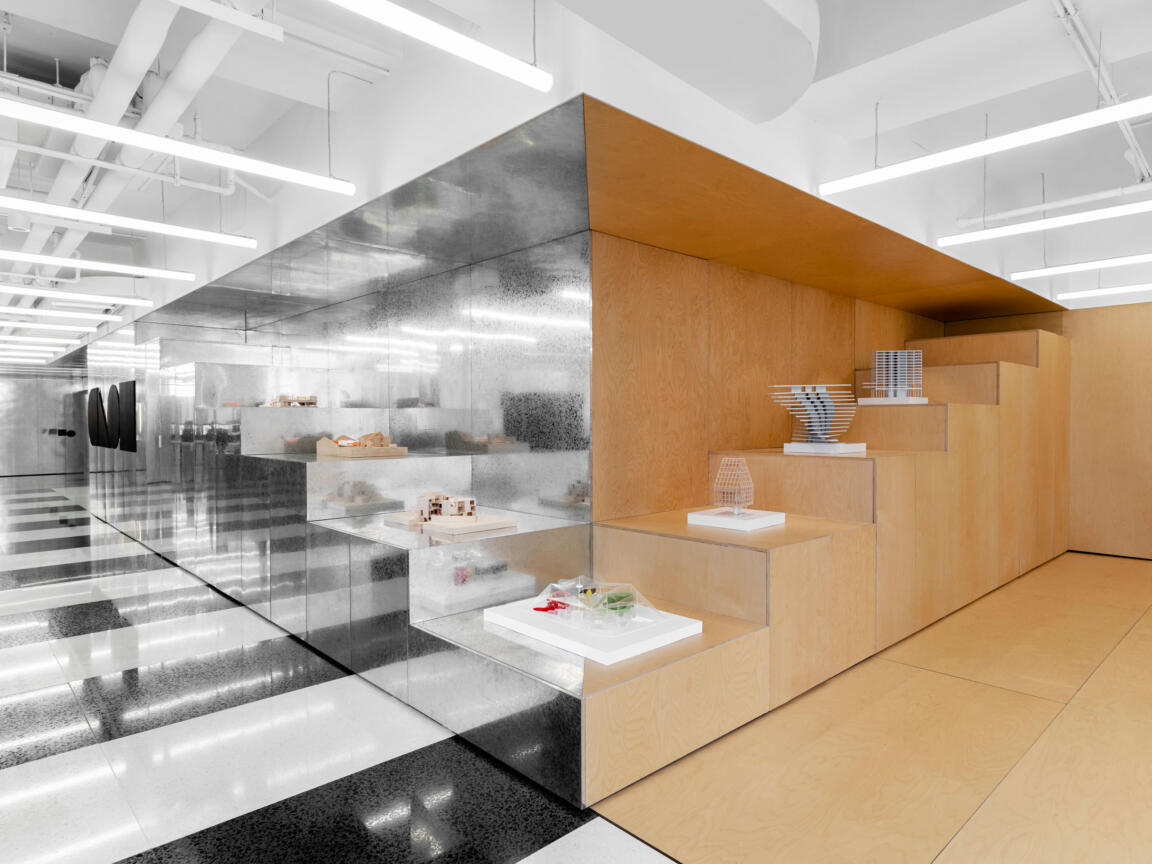 clou architects, architectural office interior, display area, galvanized steel, wood