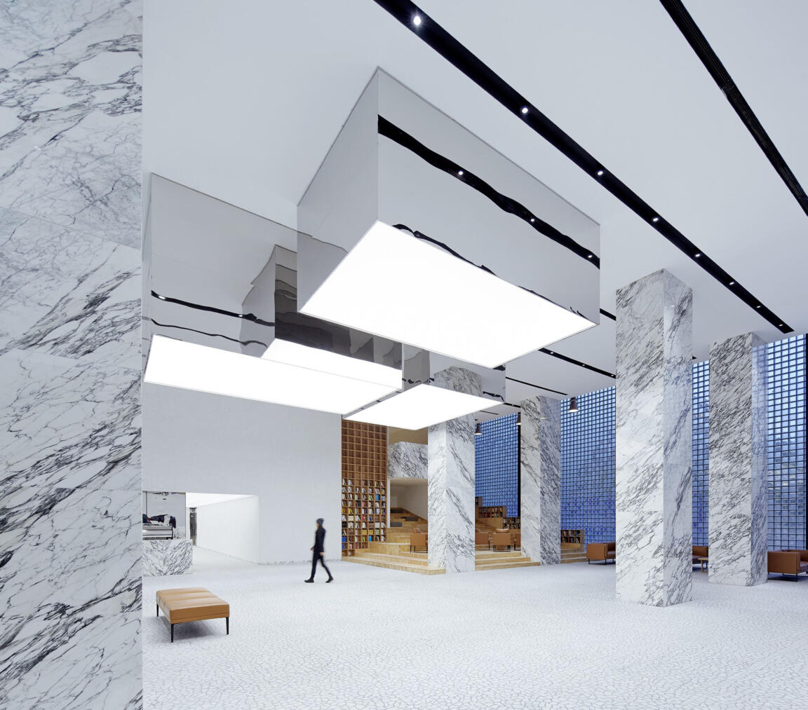 showroom architecture, sales gallery, marble, white interior, clou architects, the cube, cheng feng jie