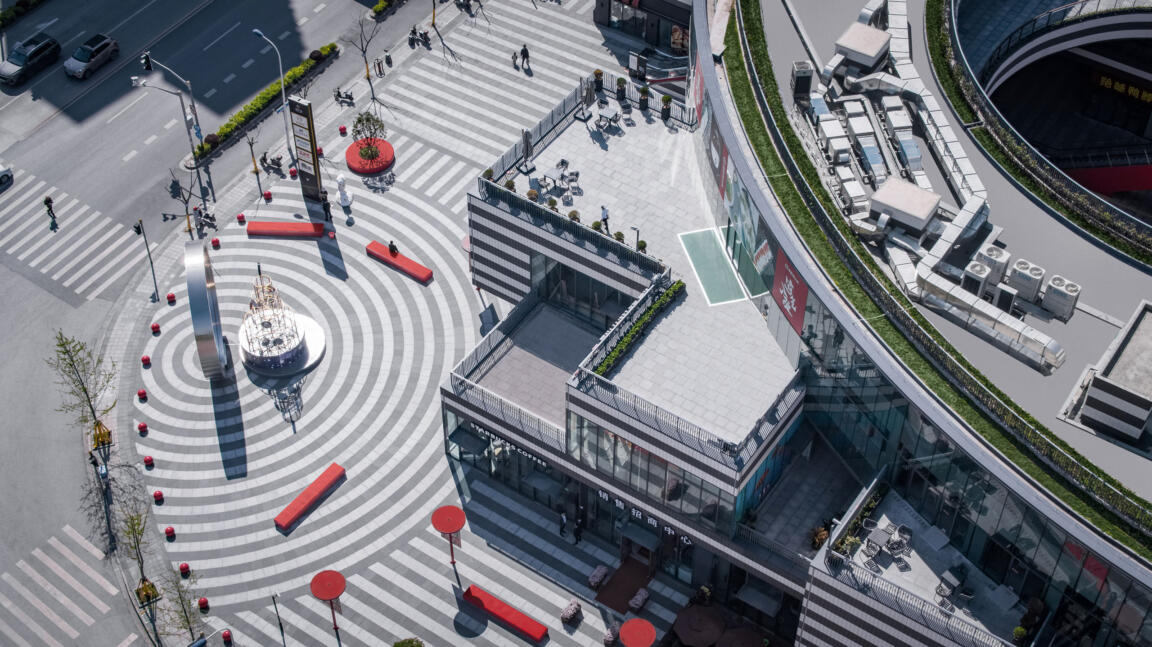 retail architecture, entrance plaza, public space design, striped pavement, landscape architecture, shopping mall, shanghai, neo plaza, clou architects