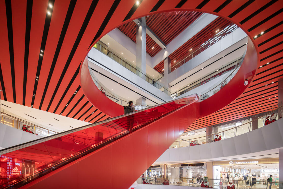 red escalator, shopping mall atrium interior, wuhan longfor, clou architects