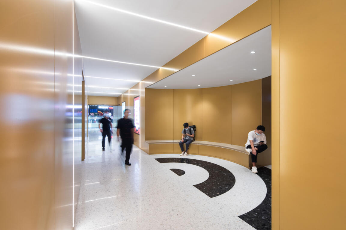 shopping mall interior, corridor bench, gold interior, wuhan longfor, clou architects
